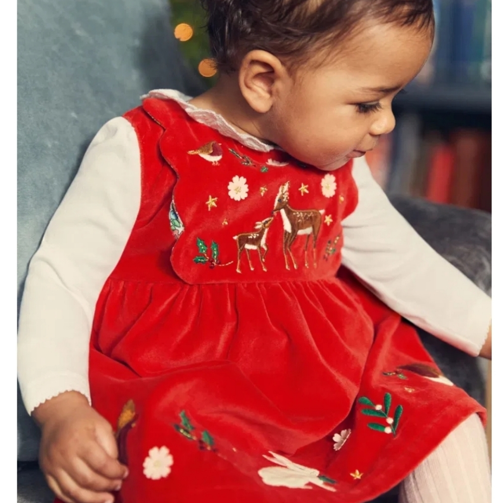 Baby Boden Red Velvet Dress with Animal Embroidery
